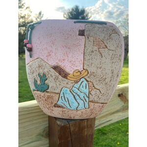 Y2k Southwestern Ceramic Vase Desert Scene Sombrero Gold Trim Pink 9 Inch